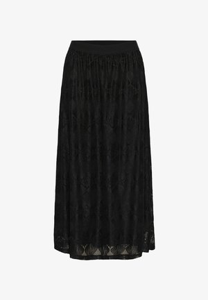 Sort blonde maxi-nederdel med en indsamlet sort talje. Mønsteret har indviklede diamantformer og blomstermotiver over hele stoffet.