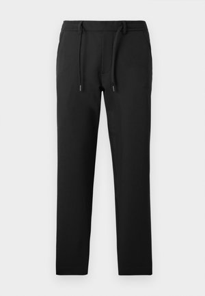 Zwarte broeken met een slim fit, gemaakt van zacht materiaal, met een trekkoord in de taille, zijzakken en een gladde afwerking.