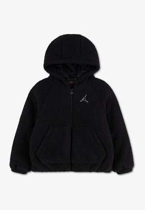 Sweat à capuche zippé en polaire noir avec poches kangourou et petit logo blanc Jumpman sur la poitrine gauche.