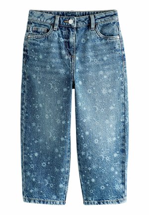 Helle blaue Jeans mit floralem und himmlischem Muster. Verfügt über ein klassisches Fünf-Taschen-Design und einen Knopfverschluss.