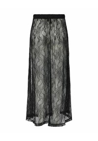 Gonna nera in pizzo con cintura elastica, caratterizzata da un design trasparente, intricati motivi floreali e una silhouette fluttuante con spacchi laterali.