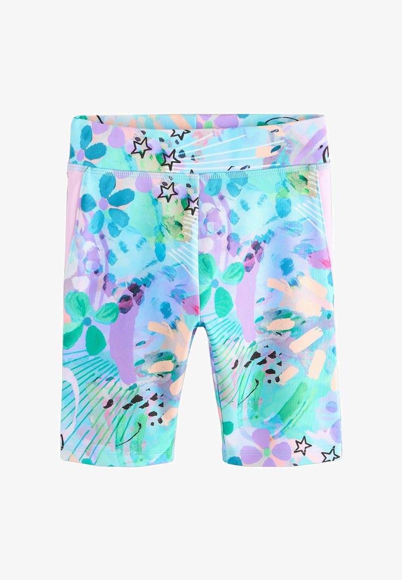 Strækbare shorts med abstrakte blomster- og stjernemønstre i pastelfarver inklusive blå, grøn, pink og lilla på en lys baggrund.