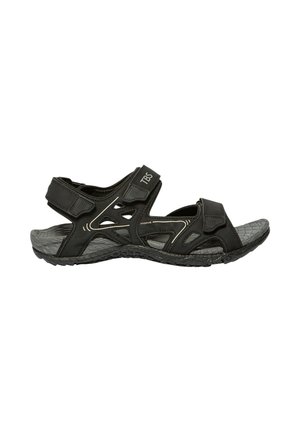 Sandale de sport noire à bout ouvert, avec brides réglables, semelle intérieure texturée et semelle souple à motifs, conçue pour les activités en plein air.