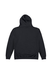 Černá mikina s klokaní kapsou, kapucí na šňůrky, žebrovanými manžetami a spodním lemem a hladkou texturou, s jednoduchým zadním dílem bez grafik.