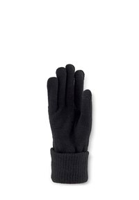 Czarna dziewiarska rękawiczka z mankietem, z pięcioma palcami wyciągniętymi, leżąca płasko na białym tle.