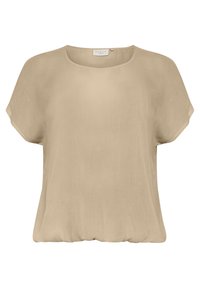 Beige lichtgewicht top met korte mouwen, een ronde halslijn en een relaxte pasvorm met een licht gatherende zoom. Gladde, matte textuur.