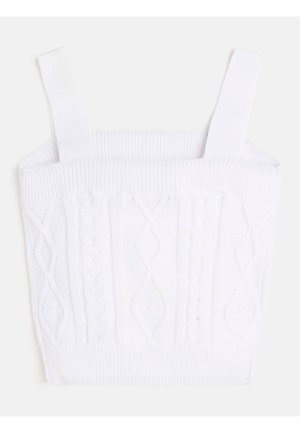 Biały dziergany krótki top z szerokimi ramiączkami i wzorem warkocza z przodu, płasko na jasnym tle.