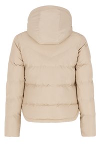 Beige puffer jacket with hood, showing the back view with horizontal quilted sections and long sleeves.