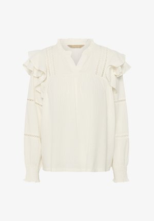 Weiße Bluse mit Rüschenärmeln, strukturiertem Stoff und Lochstickerei entlang von Hals und Manschetten. Lockerer Sitz mit V-Ausschnitt.
