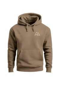 Brown hoodie made of soft fabric with a kangaroo pocket. Features a small logo on the chest in white and orange. Drawstring hood design.