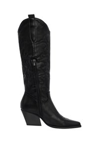 Bota de vaquero de cuero negro con punta afilada, patrón de costura intrincado y cremallera lateral. Presenta un tacón grueso y con ángulo.