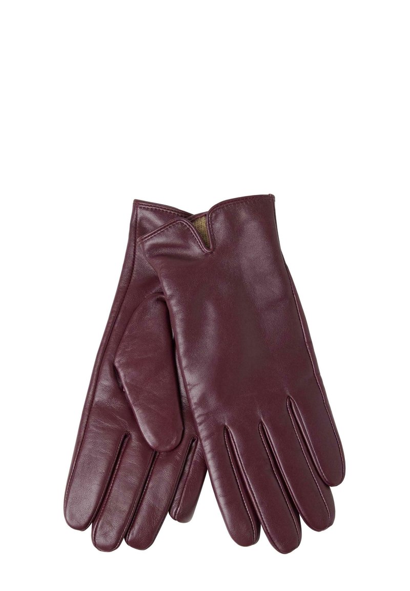 Burgunderfarbene Lederhandschuhe mit einer glatten Textur, leicht tailliertem Design und einem dezenten Schnitt am Handgelenk für Stil und Komfort.