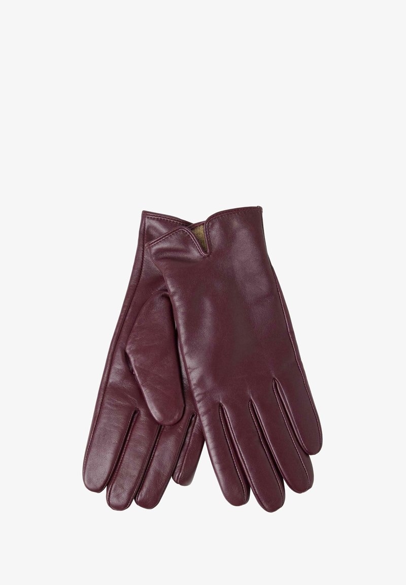 Burgundy leather gloves featuring a smooth texture, slightly tapered design, and a discreet cut on the wrist for style and comfort.