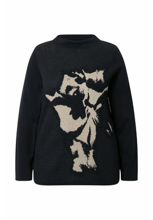 Czarny sweter robiony na drutach z teksturowanym beżowym kwiatowym wzorem z przodu, z okrągłym dekoltem i długimi rękawami.