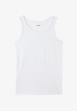 Biała bawełniana koszulka na ramiączkach z okrągłym dekoltem i szerokimi ramiączkami. Posiada gładką fakturę oraz logo wewnątrz strefy kołnierza.