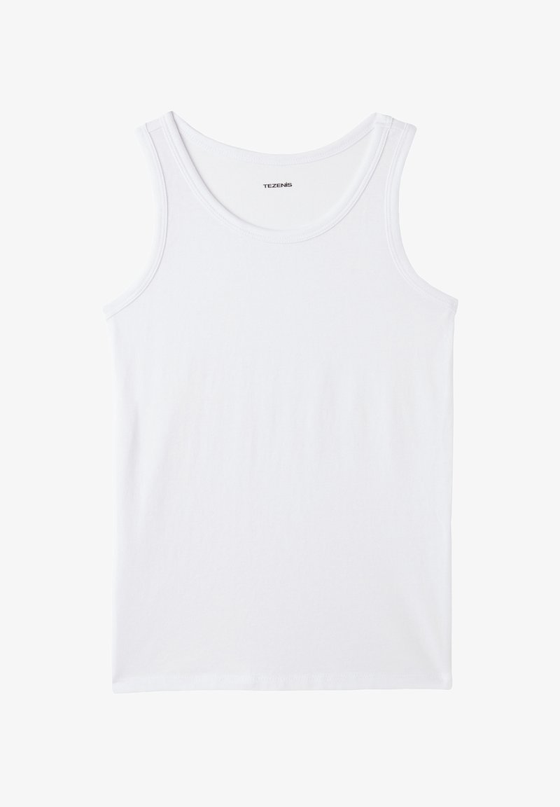 Biała bawełniana koszulka na ramiączkach z okrągłym dekoltem i szerokimi ramiączkami. Posiada gładką fakturę oraz logo wewnątrz strefy kołnierza.