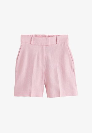 Hele roosad kohandatud lühikesed püksid vööaasade, küljetaskute ja tekstuurse kangamustriga, valgel taustal.