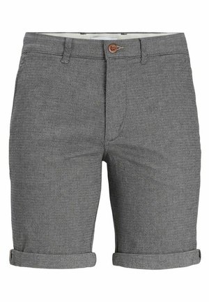 Gray woven shorts with a button closure, folded cuffs, and a textured finish, featuring traditional pockets and a modern design.