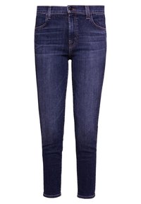 Tummansininen farkkuhousu, jossa on tiukka leikkaus, viiden taskun tyyli ja lievä haalistum efecto edessä. Vakiovyötärö nappikiinnityksellä.