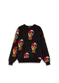 Suéter de punto negro con diseños de manos levantadas en colores rojo, amarillo y marrón con acentos en blanco, que muestra un estampado gráfico audaz.