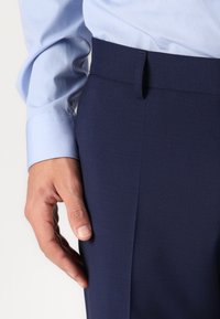 Navy tailored trousers with a flat front, made from smooth fabric. Paired with a light blue, long-sleeved shirt. Hand rests on the pant leg.