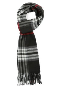 Czarny i szary szalik w kratę z czerwonymi akcentami, wykonany z miękkiego materiału, z frędzlami na końcach i wyrazistymi wzorami geometrycznymi.