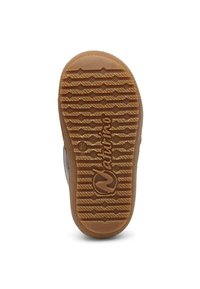 Suela de zapato de goma con un patrón texturizado, que presenta un logo "Naturino" y una combinación de colores marrón y beige.
