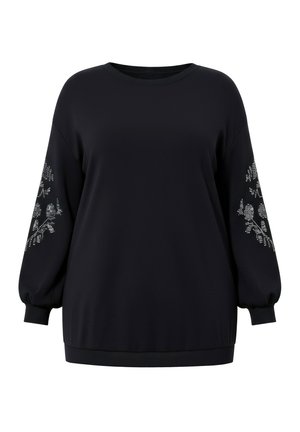 Sort langærmet sweatshirt med rund halsudskæring og sølv blomster rhinestone mønstre på begge ærmer.
