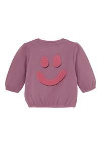 Paarse babyshirt met lange mouwen, voorzien van elastische manchetten en zoom, met een gestructureerd roze glimlachend gezicht ontwerp aan de voorkant.