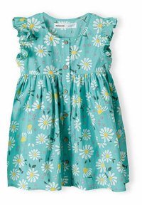 Hellblaues, ärmelloses Kleid mit weißen Gänseblümchen und gelben Akzenten. Es hat Volant-Schulterträger und eine durchgehende Knopfleiste mit zwei Taschen.