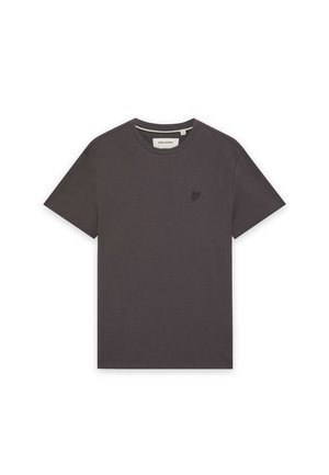 Mørkegrå T-shirt med korte ærmer og rund hals, med lille broderet logo på venstre bryst, lagt fladt på hvid baggrund.