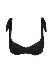 Zwart bikini topje met brede schouderbanden, vastgeknoopt in strikken. Glad materiaal, beugelondersteuning en een licht gevormde pasvorm. Geen extra patronen.