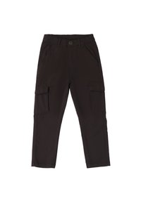 Black cargo pants with a straight cut, featuring two side pockets and two large cargo pockets on the thighs, crafted from durable fabric.