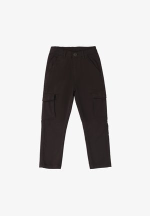 Pantaloni cargo neri con seduta dritta, dotati di due tasche laterali e due grandi tasche cargo sulle cosce, realizzati in tessuto resistente.