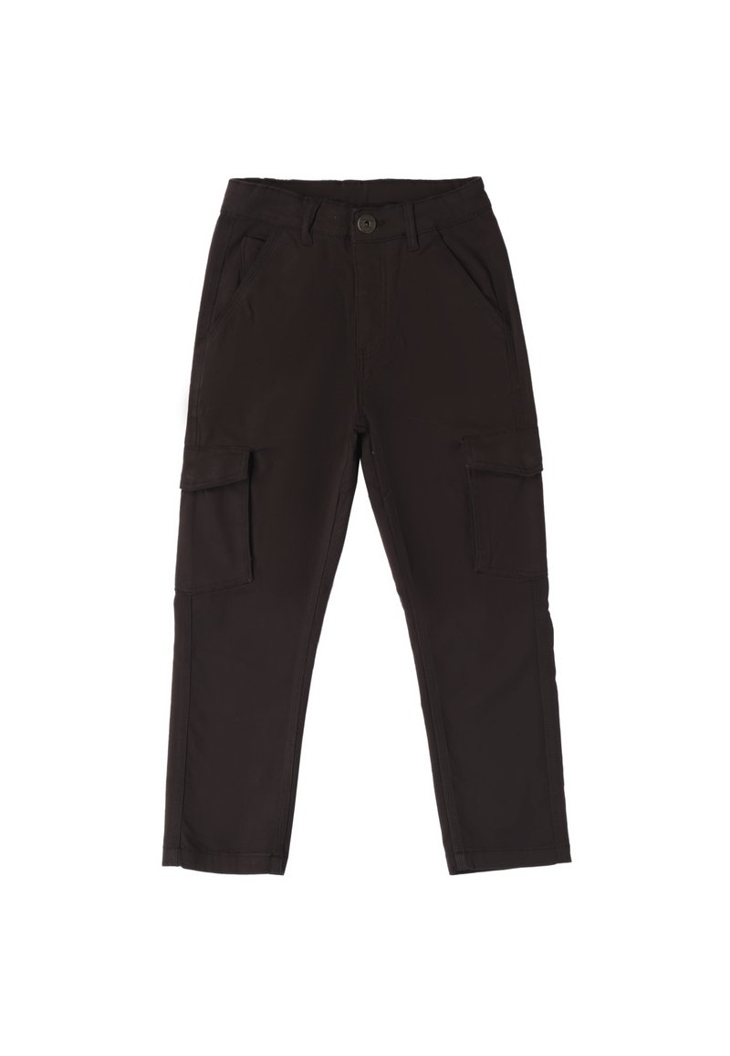 Black cargo pants with a straight cut, featuring two side pockets and two large cargo pockets on the thighs, crafted from durable fabric.