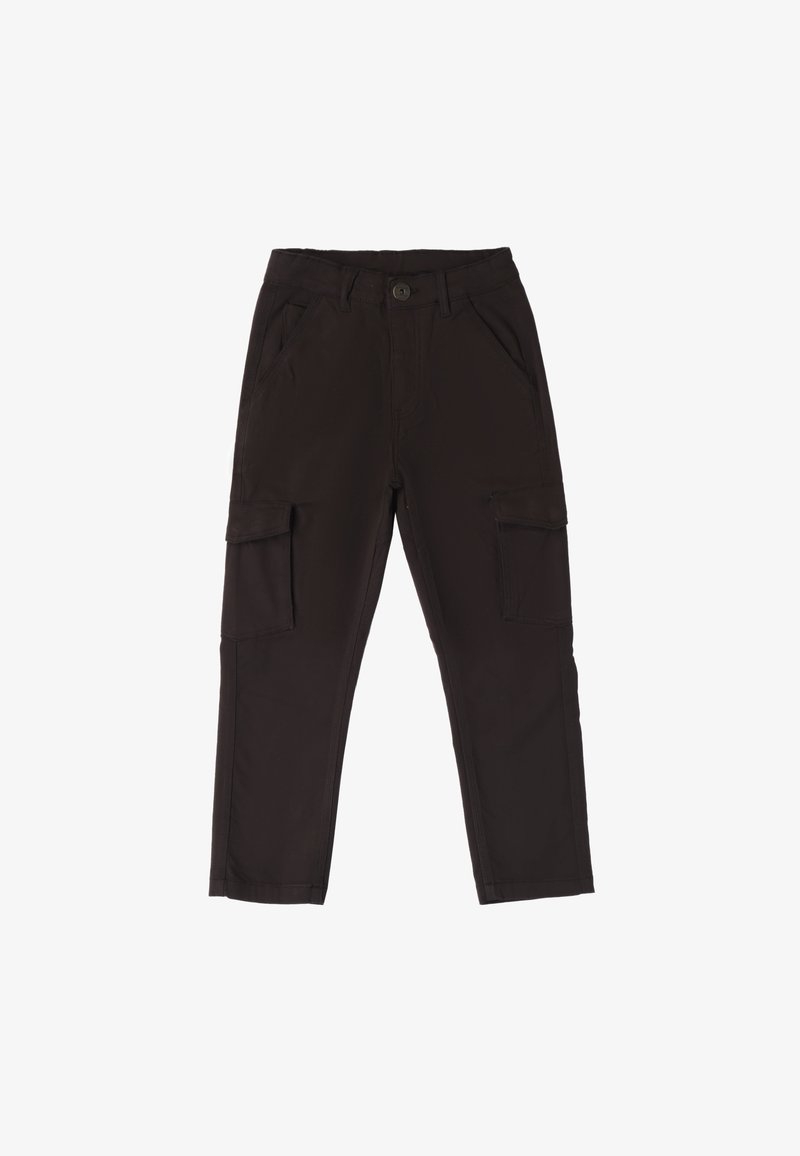 Zwarte cargobroek met een rechte snit, voorzien van twee zijzakken en twee grote cargozakken op de dijen, gemaakt van stevig materiaal.