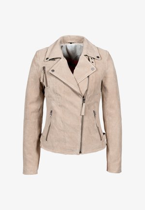 Veste de motard en daim beige avec fermeture éclair asymétrique à l'avant, poches latérales zippées, col à boutons-pression et manches longues.