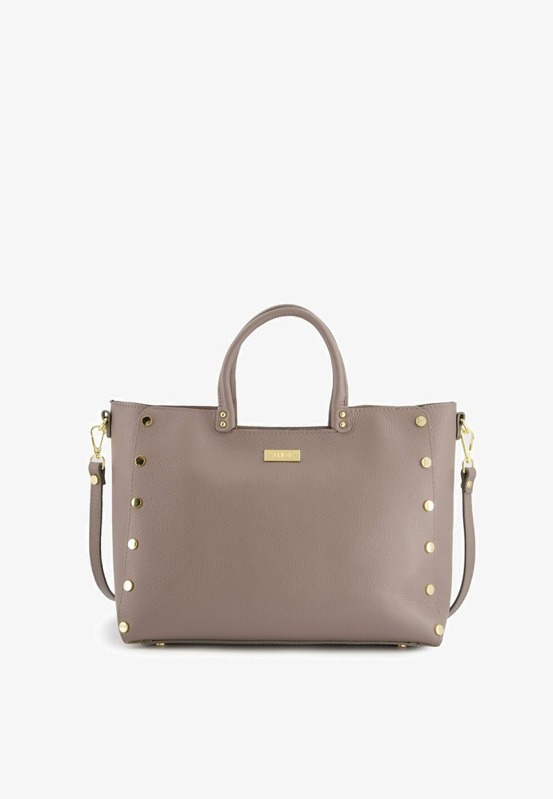 Gray leather handbag with gold hardware, stud accents on the side, dual top handles, and a detachable shoulder strap.