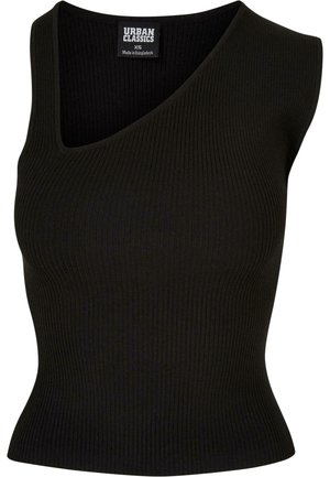 Juodas banguotas tanktopas su V formos iškirpte ir be rankovių dizainu. Prigludusi forma su tekstūruotu audiniu. Etiketėje užrašyta "Urban Classics XS."