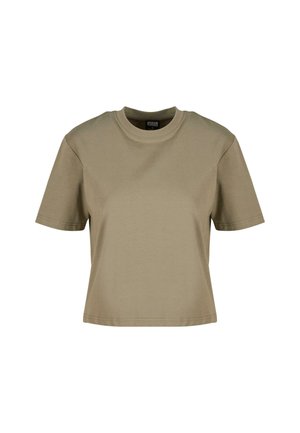 T-shirt à manches courtes en khaki, fabriqué en coton, avec un col ras du cou et une coupe décontractée. Texture lisse sans motifs ni accents visibles.