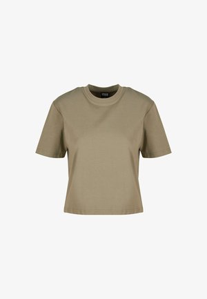 Khaki short-sleeve t-shirt made of cotton, featuring a crew neckline and a relaxed fit. Smooth texture with no visible patterns or accents.