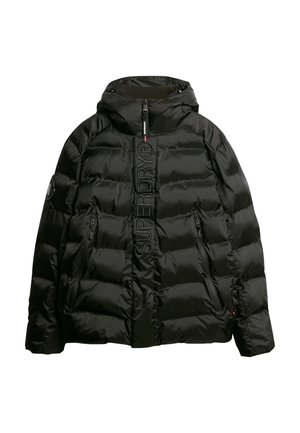 Black padded jacket with a hood, featuring a front zipper, two zippered side pockets, and embossed "SUPERDRY" text on the front.