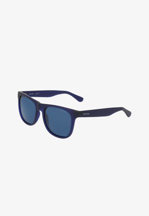 Lunettes de soleil rectangulaires bleues avec verres teintés foncés et branches fines, arborant la marque « Nautica » sur le côté.