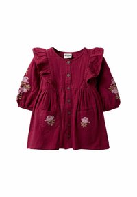 Weinrotes Kleid mit Rüschensleeves, Knöpfen vorne und floralem Stickerei auf den Taschen. Hergestellt aus strukturiertem Stoff mit lockerer Passform.