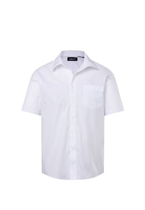 Krátký rukáv bílá košile vyrobená z bavlny, která má špičatý límec, zapínání na knoflíky vpředu a jednu náprsní kapsu. Hladká textura.