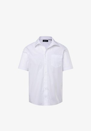 Camicetta bianca a maniche corte in cotone, con colletto a punta, chiusura con bottoni frontale e una tasca sul petto. Tessuto liscio.