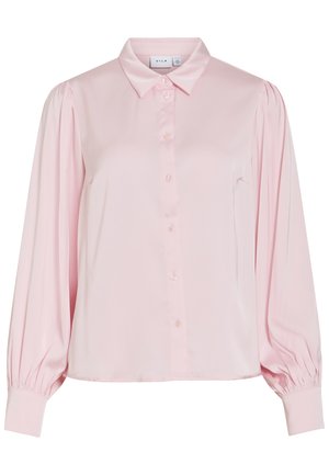 Jasnoróżowa bluzka z długim rękawem, zapinana na guziki z przodu, klasyczny kołnierzyk, bufiaste rękawy i dopasowane mankiety.