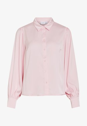 Svetloružová blúzka s dlhými rukávmi, zapínanie na gombíky vpredu, klasický golier, nafúknuté rukávy a priliehavé manžety.