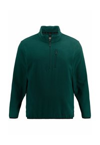 Pullover in poliestere verde con colletto alto, zip a metà lunghezza e tasca sul petto. Tessuto a trama e orlo elastico per una vestibilità aderente.