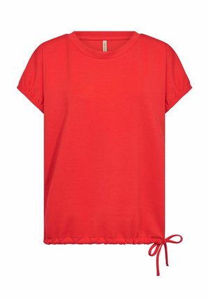 Bluză roșie cu mâneci scurte, decolteu rotund și șnur reglabil la tivul de jos.